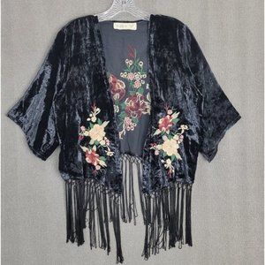 ABERCROMBIE & FITCH OS Black Velvet Floral Embroidery Fringe Kimono Cardigan